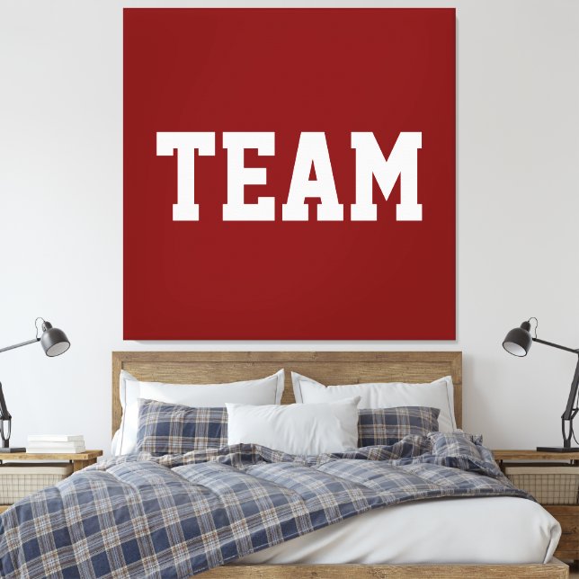 Bold Athletic Centred TEAM White Text On Deep Red Canvas Print (Insitu(Bedroom))