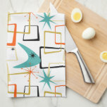 Bold Atomic Stars Boomerang Squares Mid Century Tea Towel<br><div class="desc">Add a pop of colour to your kitchen with this funky retro kitchen towel. The pattern features abstract squares,  starbursts,  and a boomerang in the colours of turquoise blue,  golden yellow,  orange,  cream,  and black. This will brighten up your kitchen decor!</div>