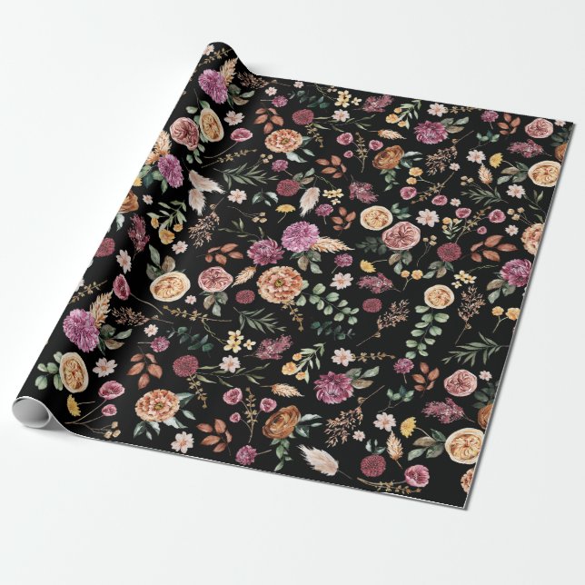 Bold Autumn Boho Flowers Botanical Garden Wrapping Paper (Unrolled)