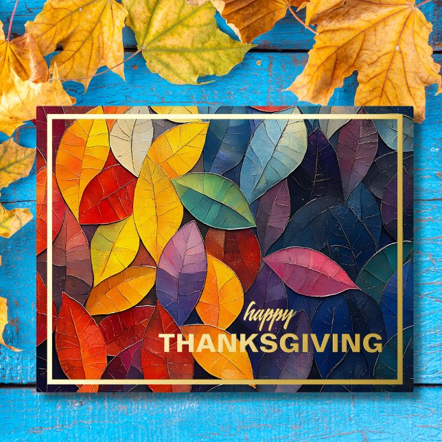 Bold Autumn Leaves Thanksgiving Foil Holiday Postcard (Bold abstract leaves and golden accents bring a modern touch to Thanksgiving greetings.)