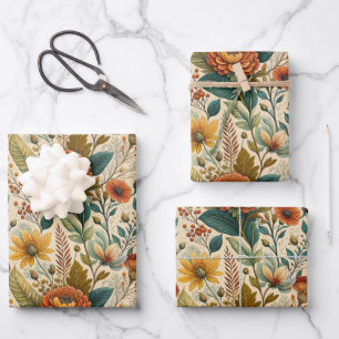 Bold Autumn Wildflower and Leaf Bouquet Wrapping Paper Sheet