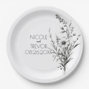 Bold B&W Wildflowers Paper Plate