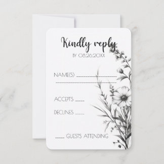Bold B&W Wildflowers RSVP Card