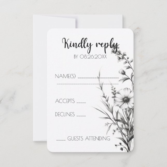 Bold B&W Wildflowers RSVP Card (Front)
