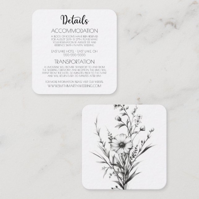 Bold B&W Wildflowers Wedding Details Enclosure Card (Front/Back)