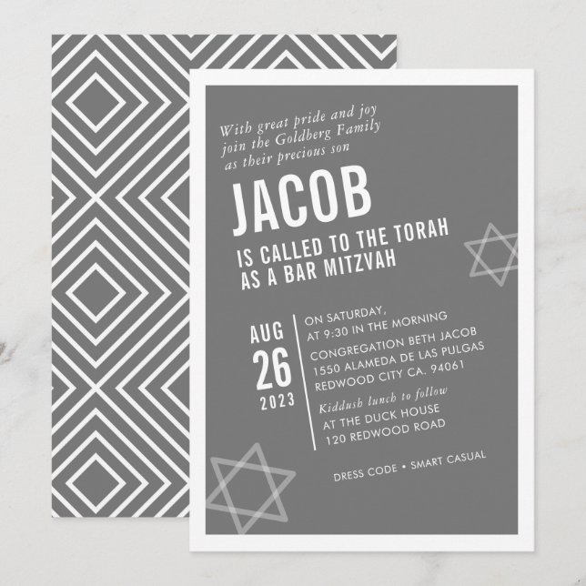 BOLD BAR MITZVAH simple modern angle grey white Invitation (Front/Back)