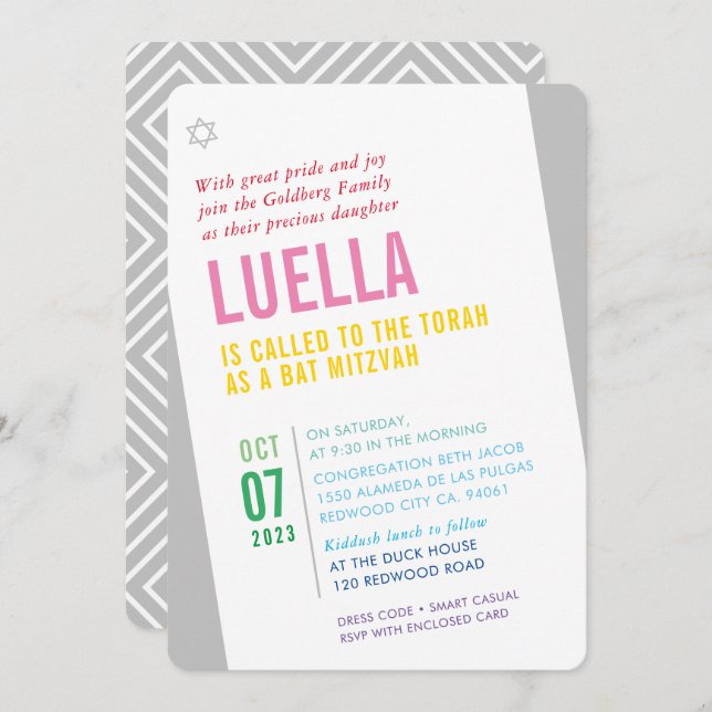 BOLD BAT MITZVAH bright modern angle colourful Invitation (Front/Back)