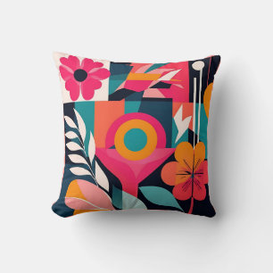 Bold Bauhaus Florals: Vibrant Geometric Design Cushion