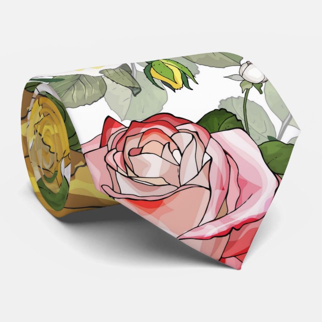Bold Beautiful Watercolor Ink Red Yellow Roses Tie (Rolled)