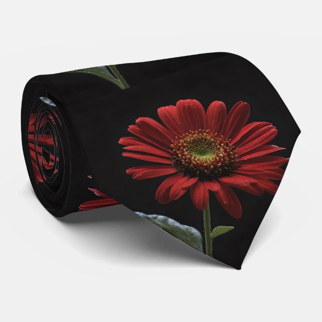 "Bold Beauty: A Single Red Daisy on Black" Tie (Rolled)