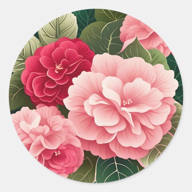 Bold Begonia Leaf and Flower Pattern Classic Round Sticker (Front)