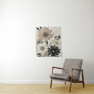 Bold Beige and Black Floral Modern Neutral Flower  Tapestry