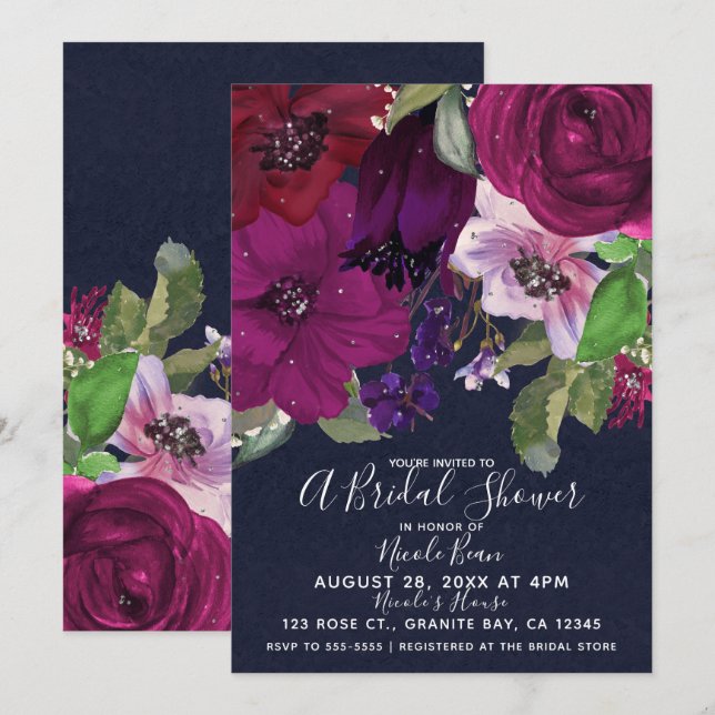 Bold Berry Fuchsia Floral Bouquet Bridal Shower Invitation (Front/Back)