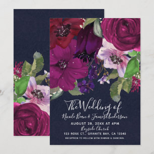 Bold Berry Fuchsia Floral Bouquet Chic Wedding Invitation
