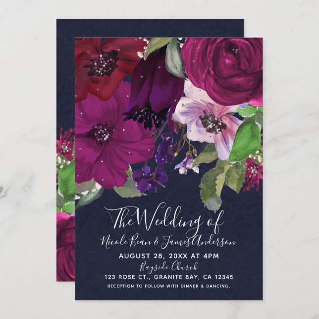 Bold Berry Fuchsia Floral Bouquet Chic Wedding Invitation (Front/Back)