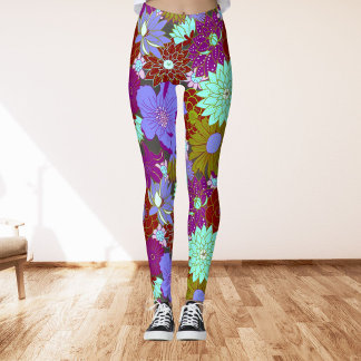 Bold big floral pattern on purple and green leggings