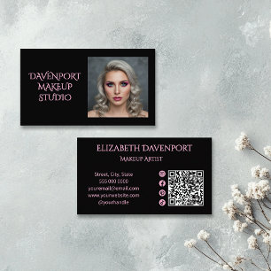 Bold Black and Blush Pink Social Icon QR Code Business Card