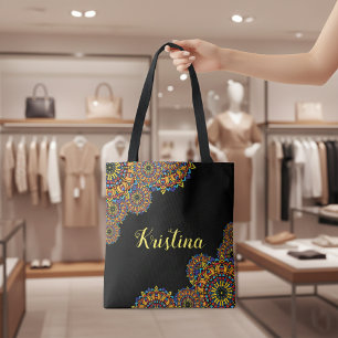 Bold Black and Colourful Floral Mandala Name Tote Bag