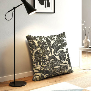 Bold Black and Cream Tropical Jungle Animals Cushion