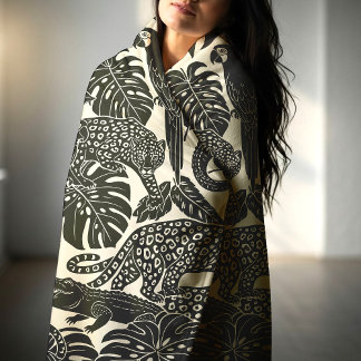 Bold Black and Cream Tropical Jungle Animals Fleece Blanket
