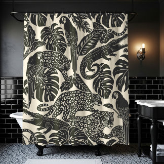 Bold Black and Cream Tropical Jungle Animals Shower Curtain