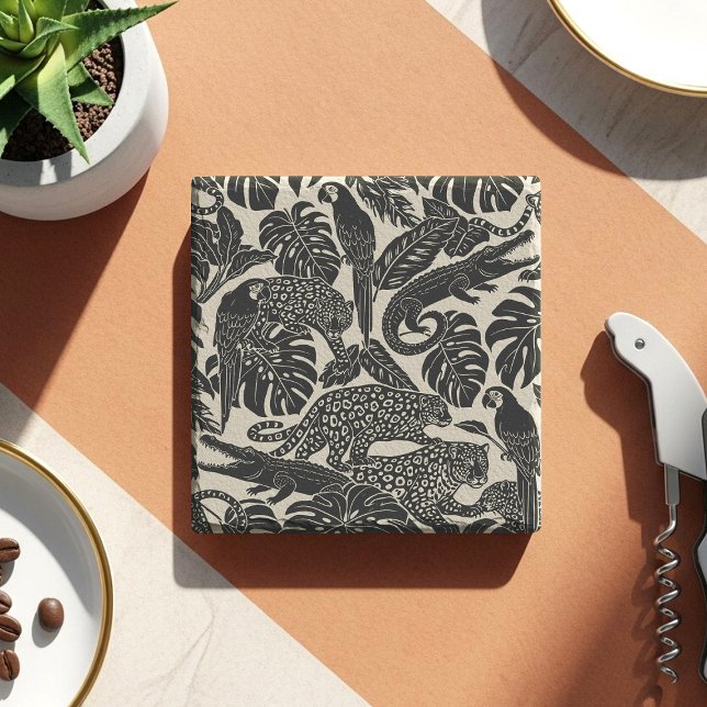 Bold Black and Cream Tropical Jungle Animals  Stone Coaster (Creator Uploaded)
