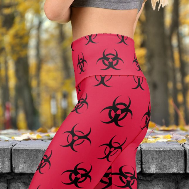 Bold Black and Red Biohazard Pattern Yoga Capri Leggings (Biohazard Black on Red)
