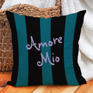 Bold Black and Teal Stripes Amore Mio Cushion