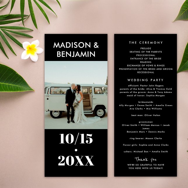 Bold Black and White 1 Photo Minimalist Wedding Programme (Front / Back)