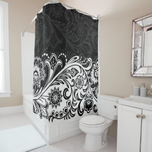 Bold Black and White Floral Design Shower Curtain