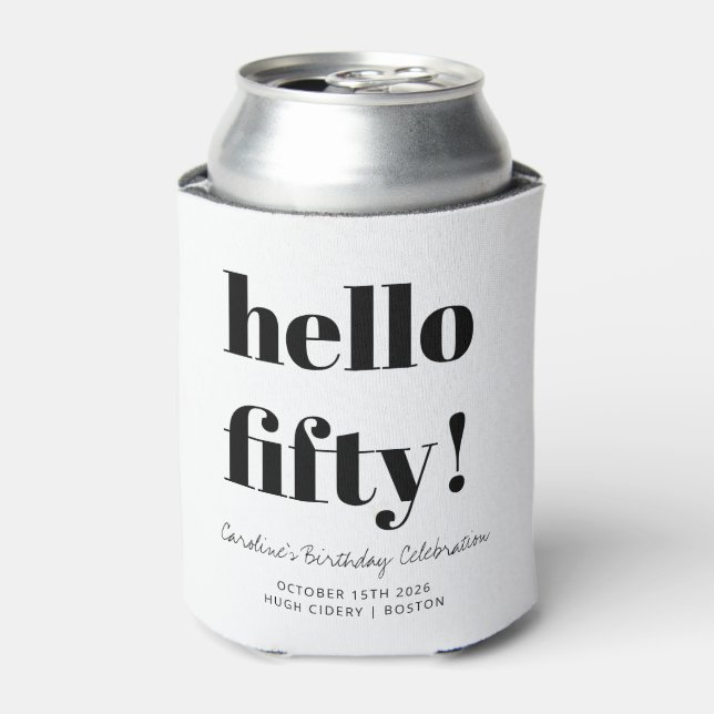 Bold Black and White Modern 50th Birthday Custom Can Cooler (Can Front)