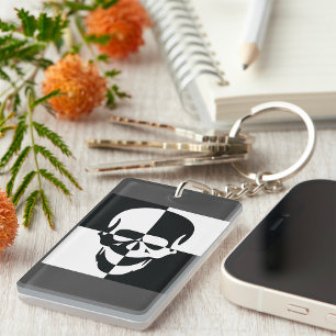 Bold Black and White Optical Illusion Skull Design Key Ring
