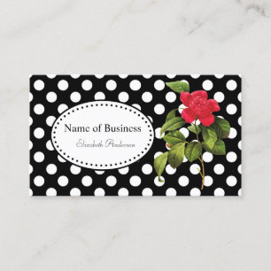 Bold Black and White Polka Dots Chic Red Camellia Business Card