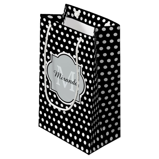 Bold Black and White Polka Dots Monogram and Name Small Gift Bag (Front Angled)