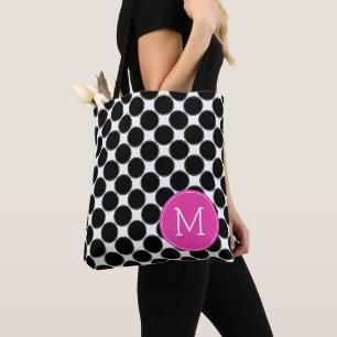 Bold Black and White Polka Dots with Pink Monogram Tote Bag