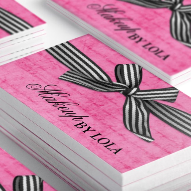 Bold Black and White Ribbon on Hot Pink Business Card (Closeup of Stacked Bold Black and White Striped Ribbon on Hot Pink Business Cards-Front)