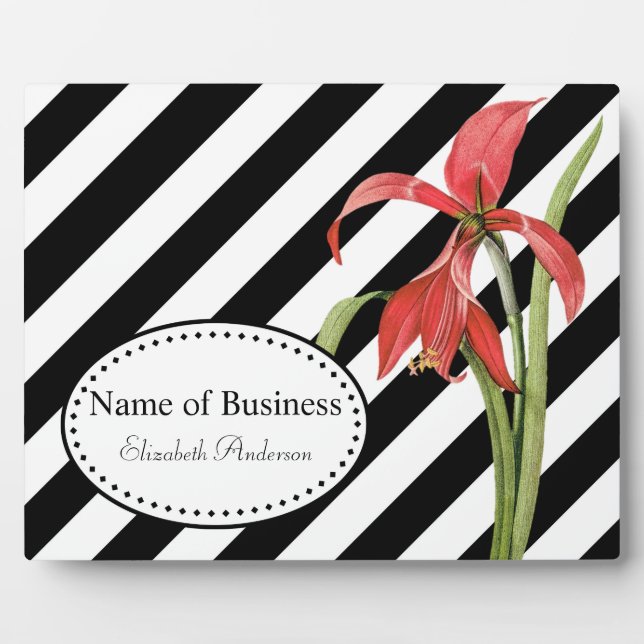 Bold Black and White Stripes Floral Businsess Plaque (Front)