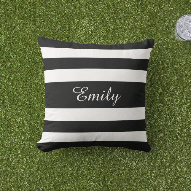 Bold Black And White Stripes Pattern Your Name Cushion (Grass)