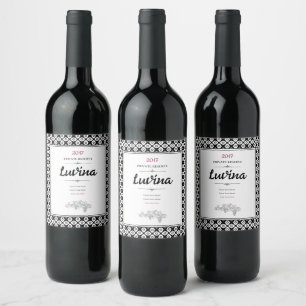 Bold Black and White Symmetrical Arabesque Pattern Wine Label