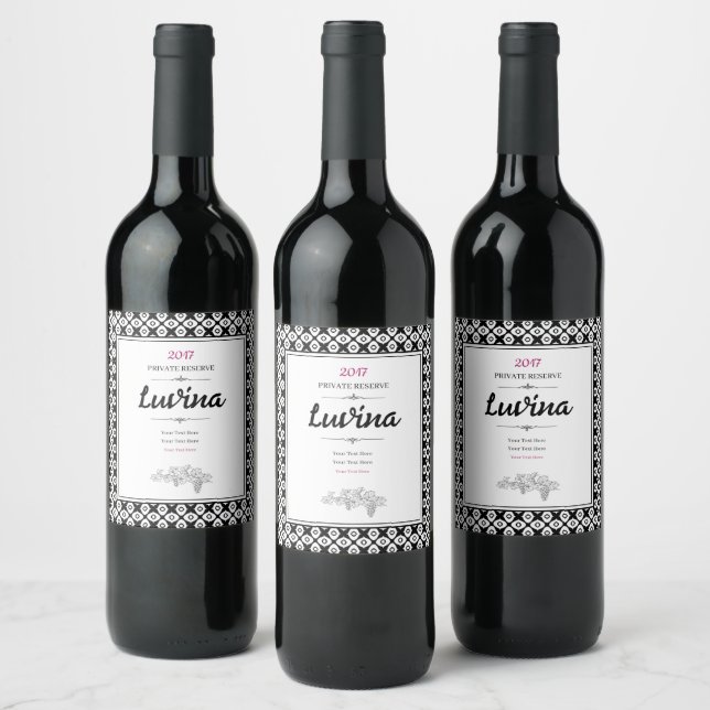 Bold Black and White Symmetrical Arabesque Pattern Wine Label (Bottles)