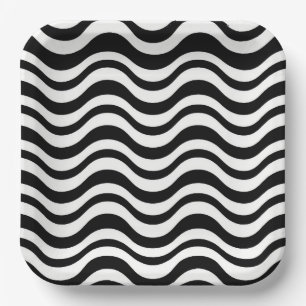 Bold Black and White Wavy Abstract Paper Plate
