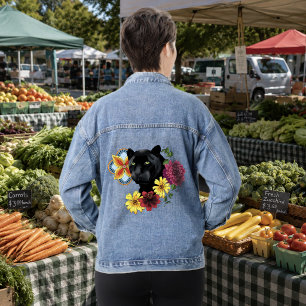 Bold Black Botanical Floral Panther Illustration Denim Jacket