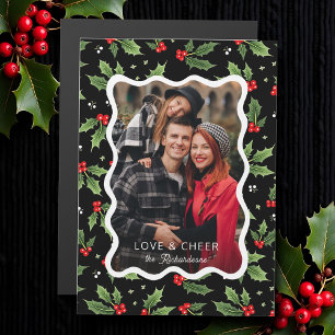 Bold Black Christmas Holly Wavy Frame Photo