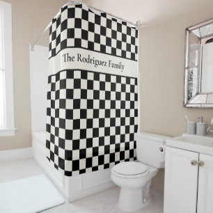 Bold Black Cream Chequered Pattern with Name Shower Curtain