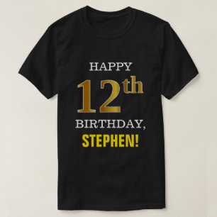 Bold, Black, Faux Gold 12th Birthday w/ Name Shirt