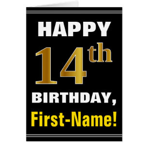 Bold, Black, Faux Gold 14th Birthday w/ Name Card