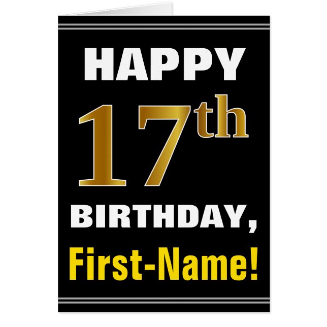Bold, Black, Faux Gold 17th Birthday w/ Name Card (Front)