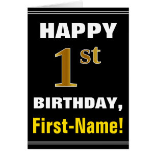Bold, Black, Faux Gold 1st Birthday w/ Name Card