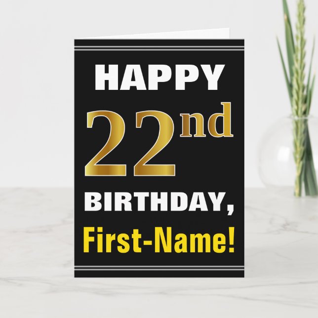Bold, Black, Faux Gold 22nd Birthday w/ Name Card (Front)