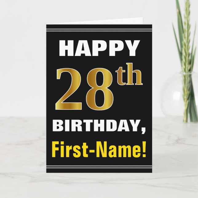 Bold, Black, Faux Gold 28th Birthday w/ Name Card (Front)